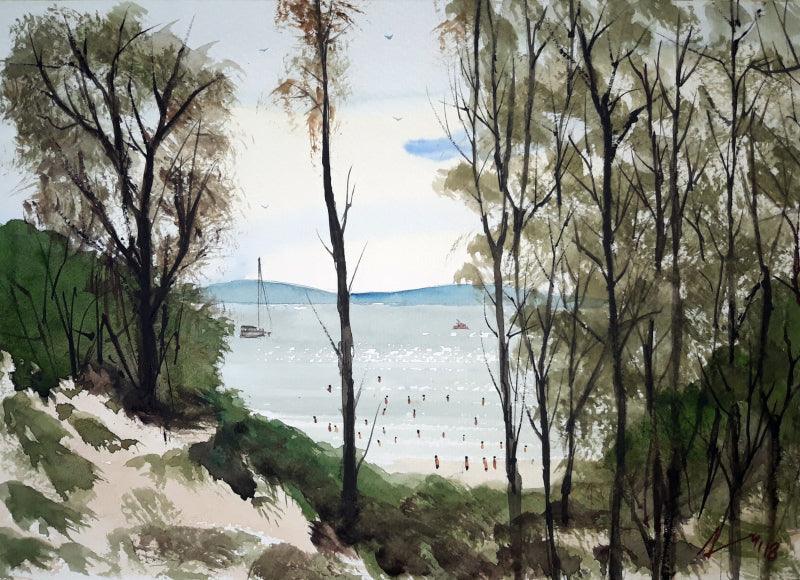 Cityscape watercolor painting titled 'Cala Violina Tuscanny Italy', 8x11 inches, by artist Arunava Ray on Paper