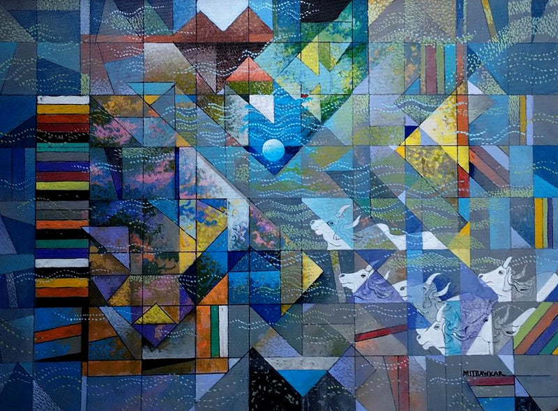 Call Of Gokul' abstract acrylic painting by artist Shirish Mitbawkar, 24x32 inch, on canvas