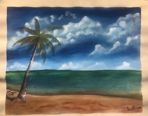 Calm Beach (Island Escape) by Anu Dhimaan, Original Acrylic Landscape Painting on Canvas, Small Horizontal Wall Art