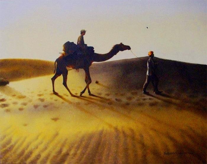 Landscape watercolor painting titled 'Camael Safari 2 Rajasthan Series', 22x27 inches, by artist Sudipta Karmakar on Paper