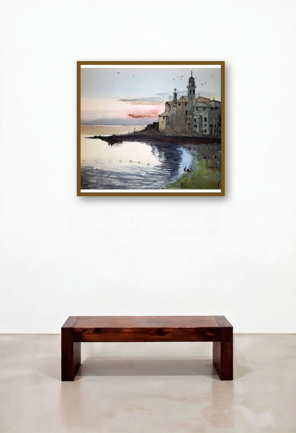 Camogli Italy (Twilight on the Coast) by artist Arunava Ray displayed in a Mid-Century Modern Bedroom
