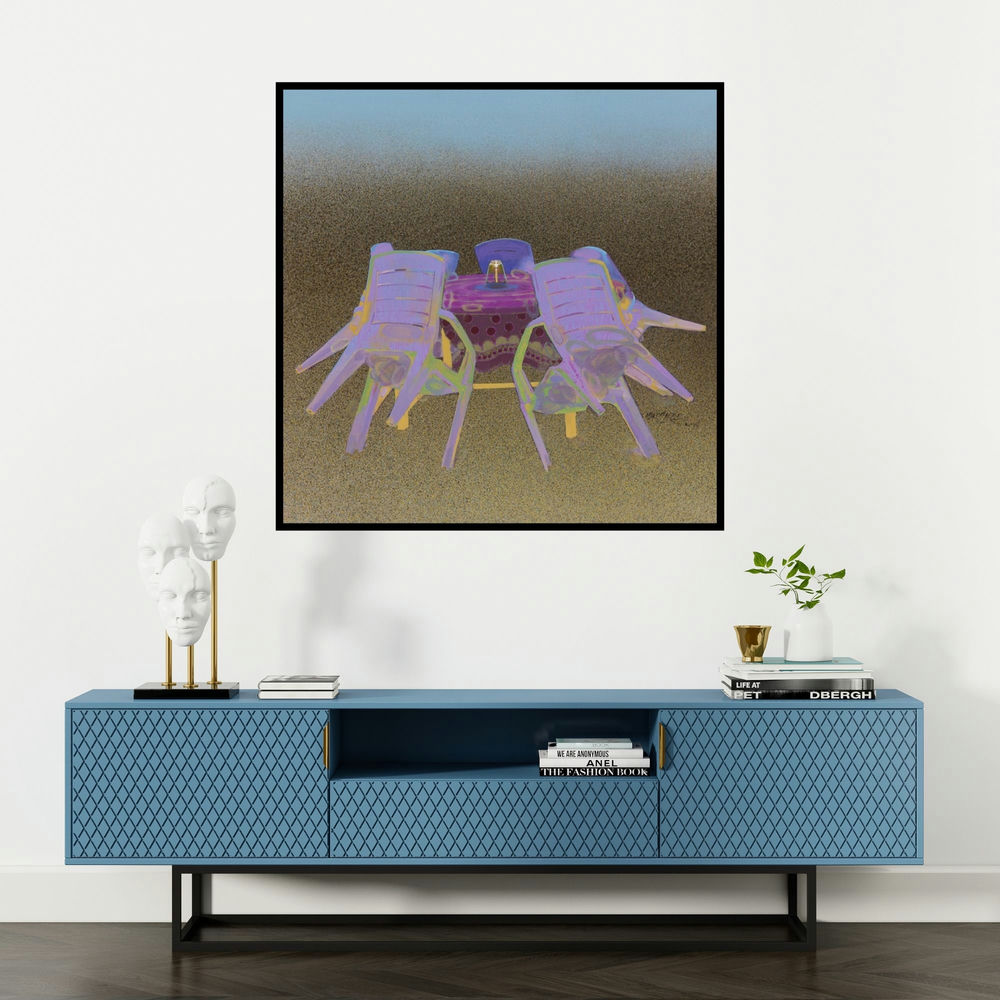 'Candel Light (Empty Gathering)' painting by Manoj Sakale shown on a wall in a furnished room.