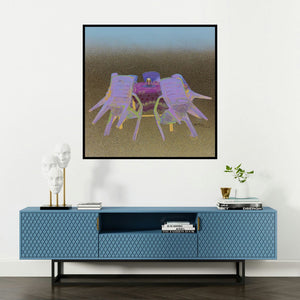 'Candel Light (Empty Gathering)' painting by Manoj Sakale shown on a wall in a furnished room.