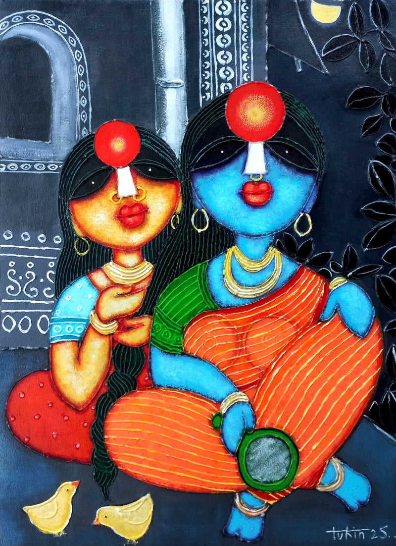 'Care Of Hair Through Friend' figurative acrylic painting by artist Tuhin Rakshit, 30x22 inch, on acid free paper