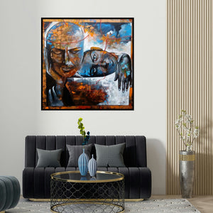 Arjun Das's 'The Caring Couple' painting visualized above a sofa in a contemporary room.