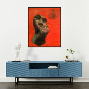 Tamojit Bhattacharya's 'Carnality (Inner Dialogue)' painting visualized above a sofa in a contemporary room.