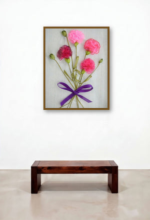 Carnations (Ribbon Flower Bouquet) by artist Mohna Paranjape displayed in a Minimalist Foyer