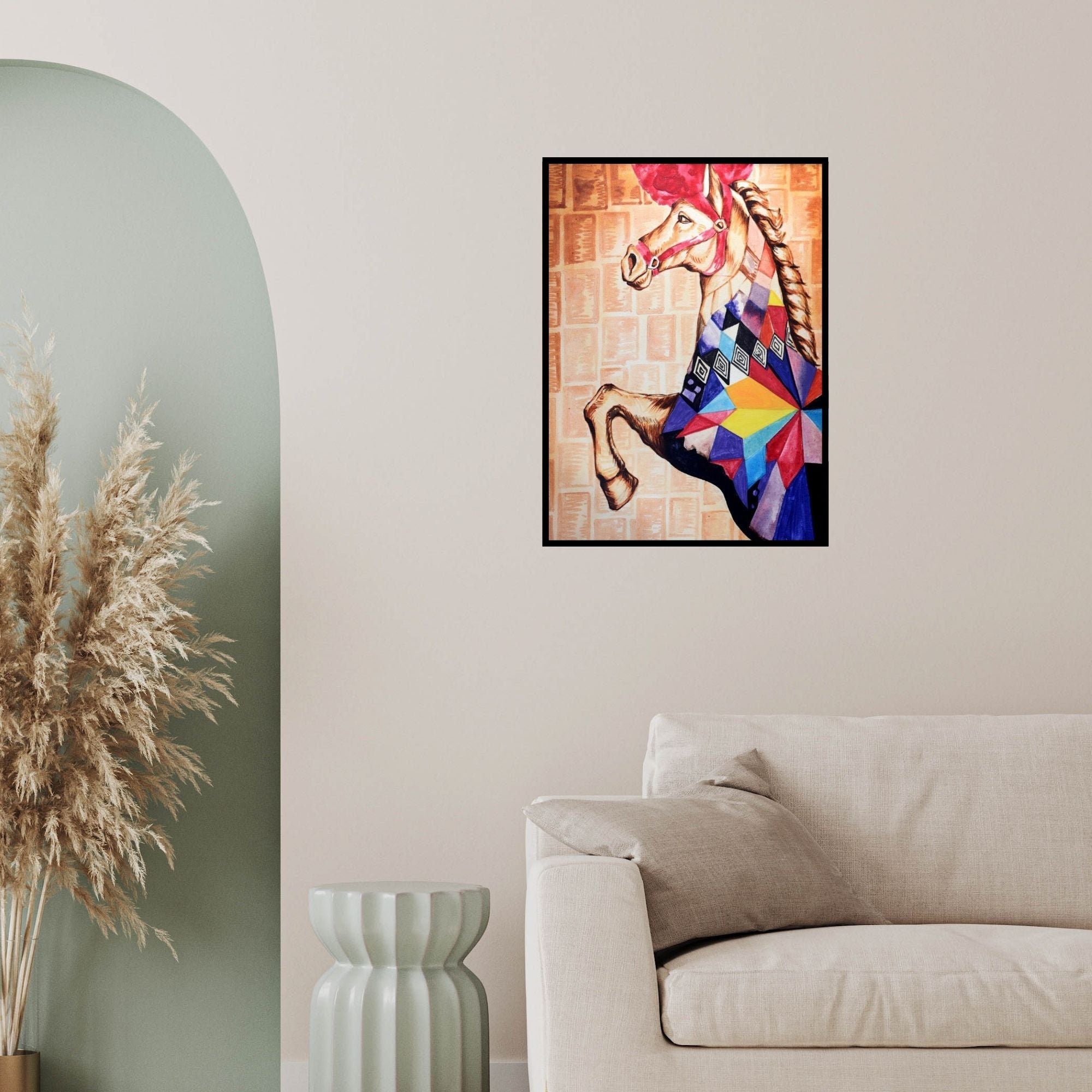 In-situ view of Gunjan Adya's 'Carnival Horse' painting in a room