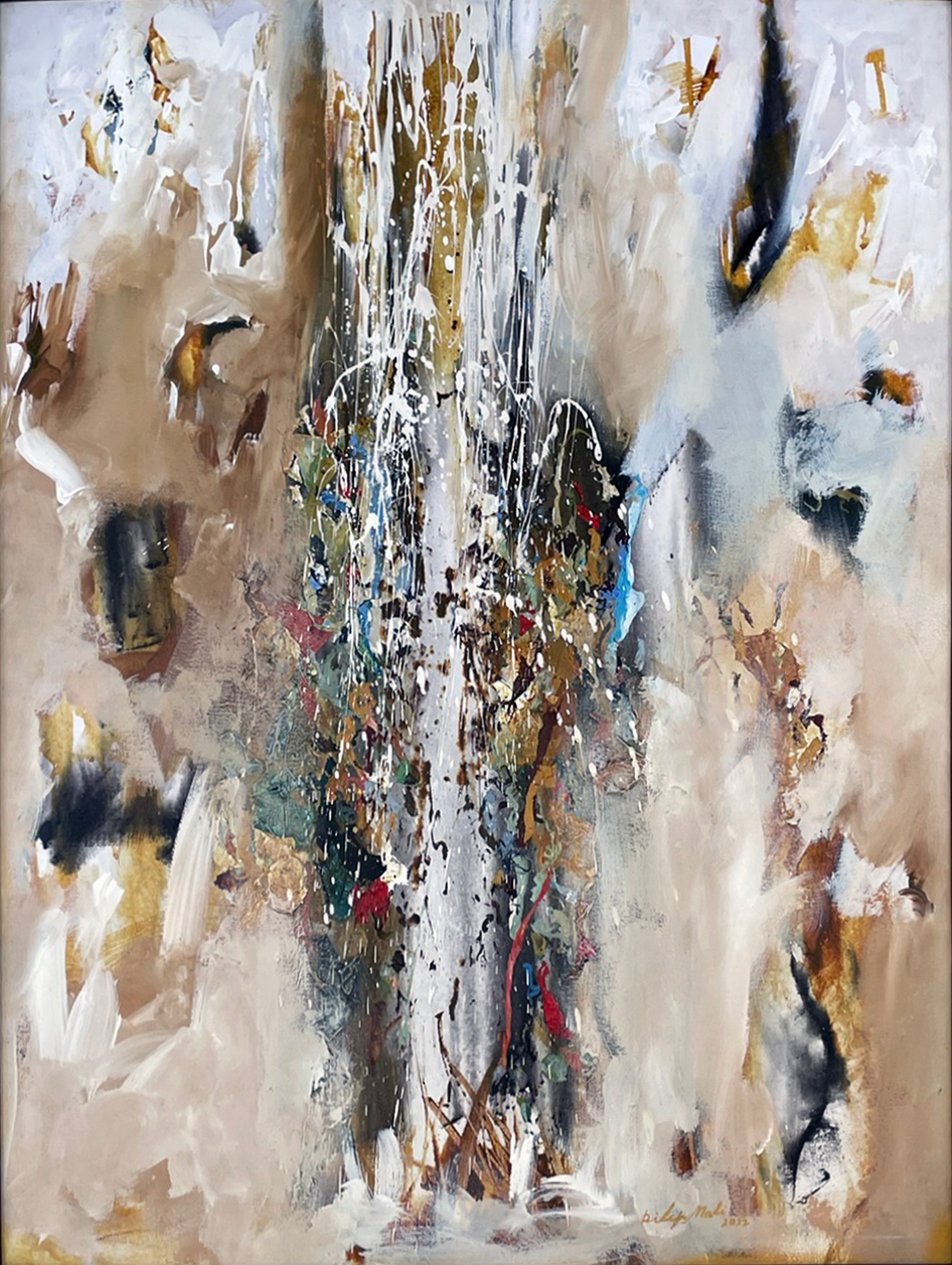 Cascading Gold' abstract acrylic painting by artist Dilip Mali, 48x36 inch, on canvas
