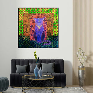 Anissha Deshpande's 'The Cat (The Serene Guardian)' painting visualized above a sofa in a contemporary room.