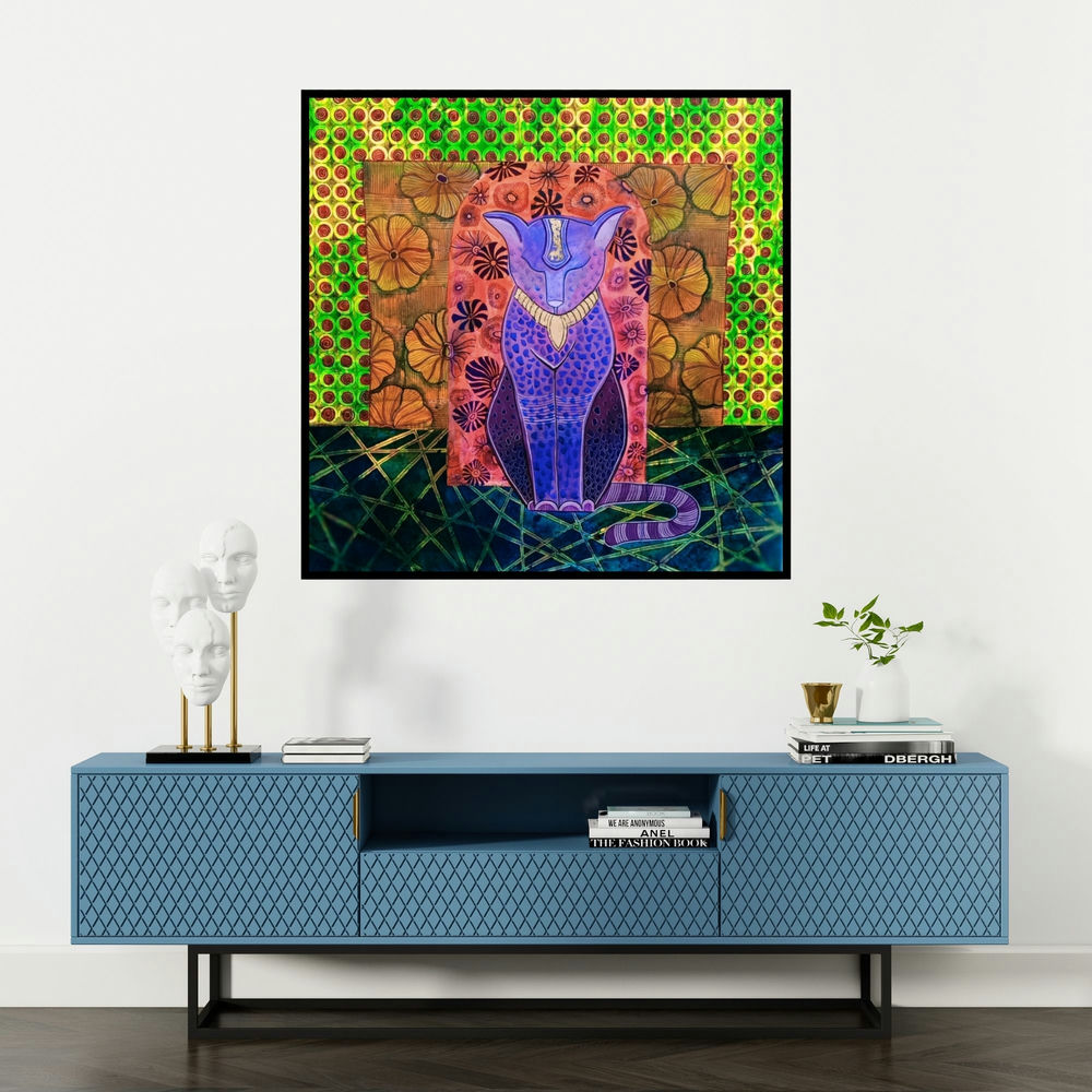 'The Cat (The Serene Guardian)' painting by Anissha Deshpande shown on a wall in a furnished room.