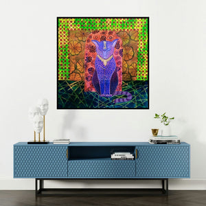 'The Cat (The Serene Guardian)' painting by Anissha Deshpande shown on a wall in a furnished room.