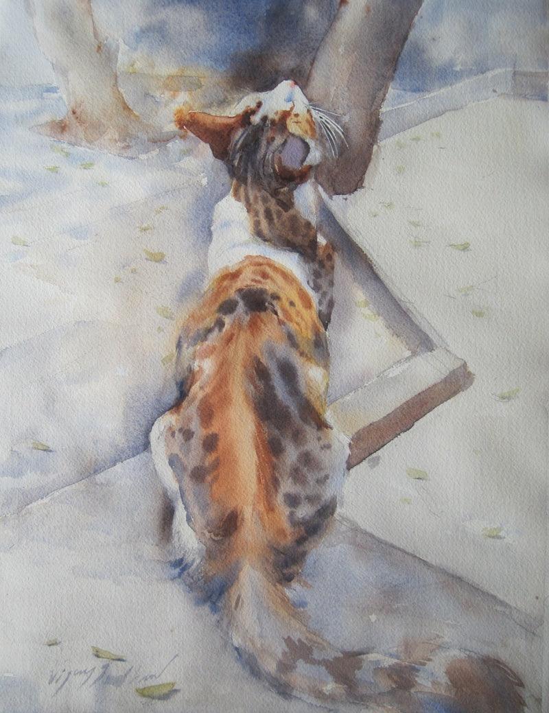 Animals watercolor painting titled 'Cat 2', 12x16 inches, by artist Vijay Jadhav on Paper