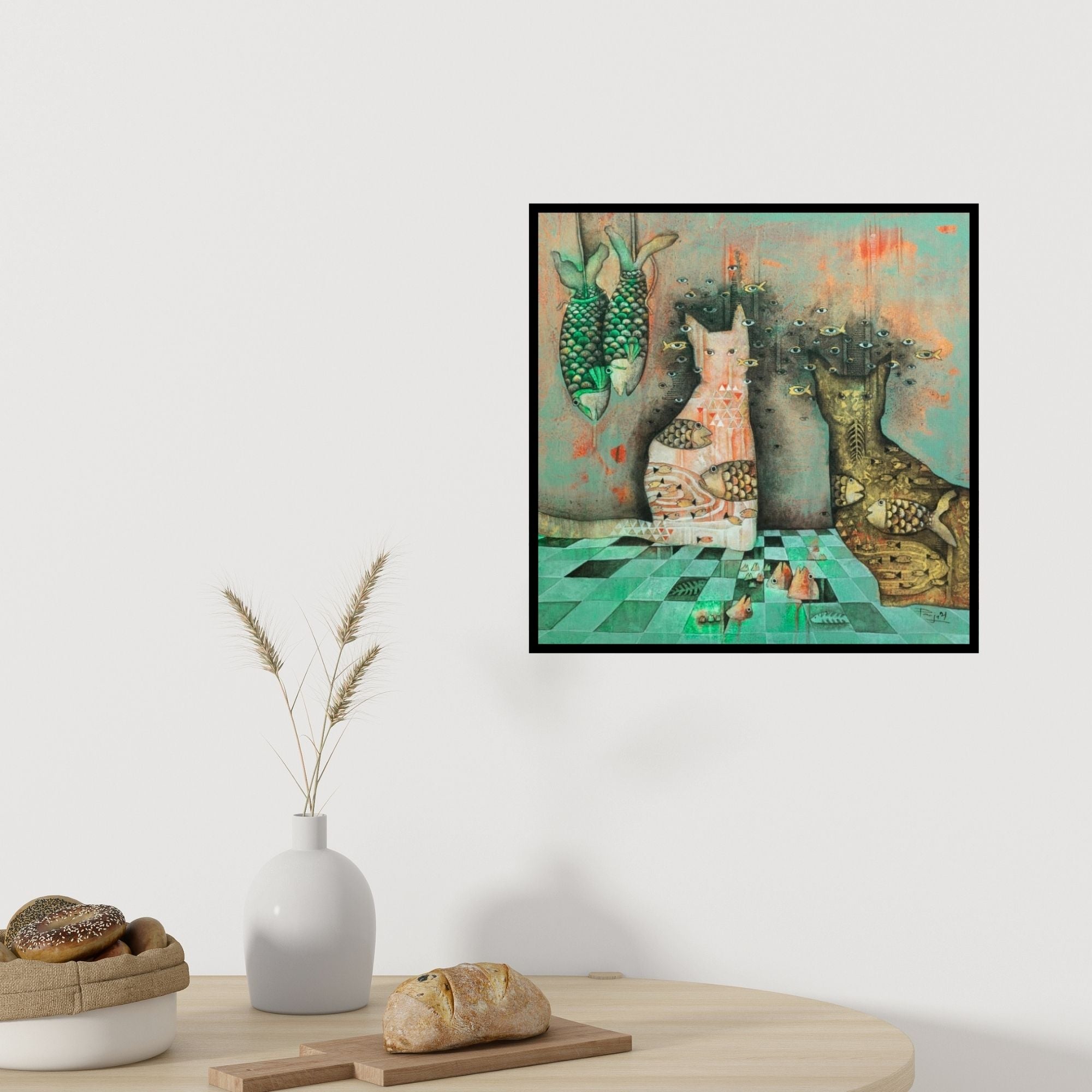 In-situ view of Pooja Mhatre's 'Cats Dinner (A Fishy Affair)' painting in a room