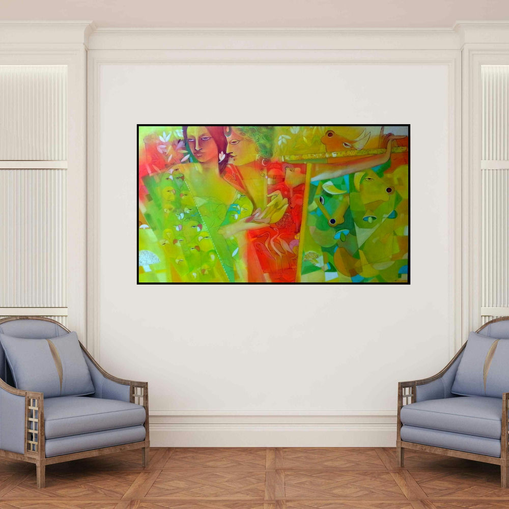 'Celebration 1 (Untitled)' painting by Madan Lal shown on a wall in a furnished room.