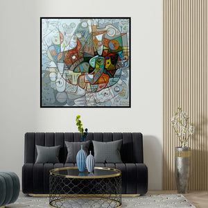 Rajesh Kumar Singh's 'Celebration (Cosmic Tapestry)' painting visualized above a sofa in a contemporary room.
