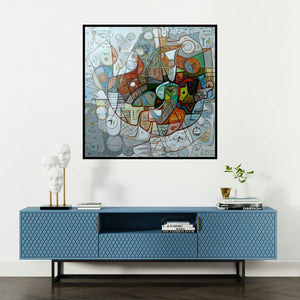 'Celebration (Cosmic Tapestry)' painting by Rajesh Kumar Singh shown on a wall in a furnished room.