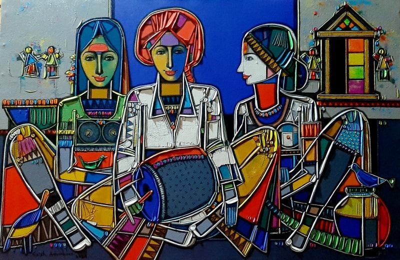 Figurative acrylic painting titled 'Celebration', 30x46 inches, by artist Girish Adannavar on Canvas