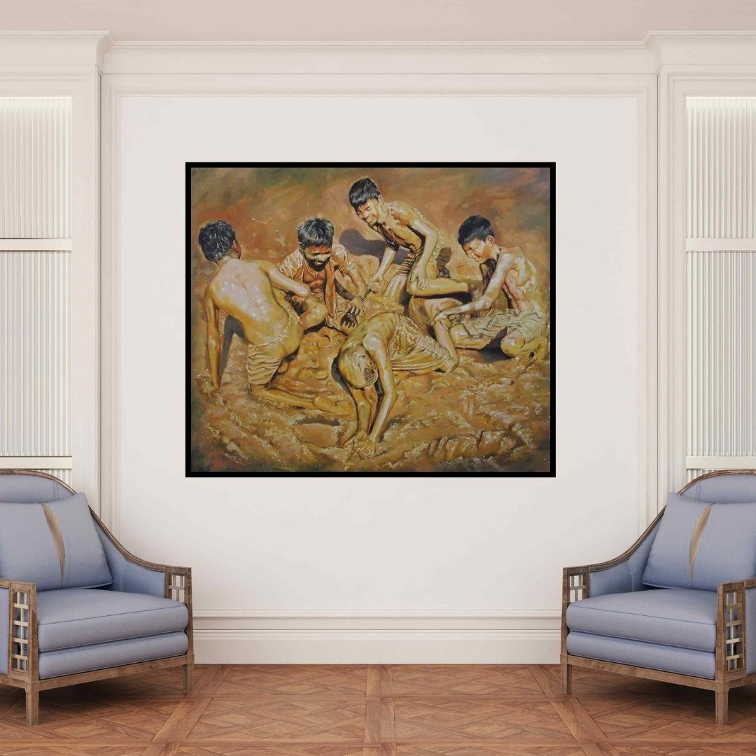 In-situ view of Jitendra Gaikwad's 'Celebration Born To Live 1 (Muddy Mayhem)' painting in a room