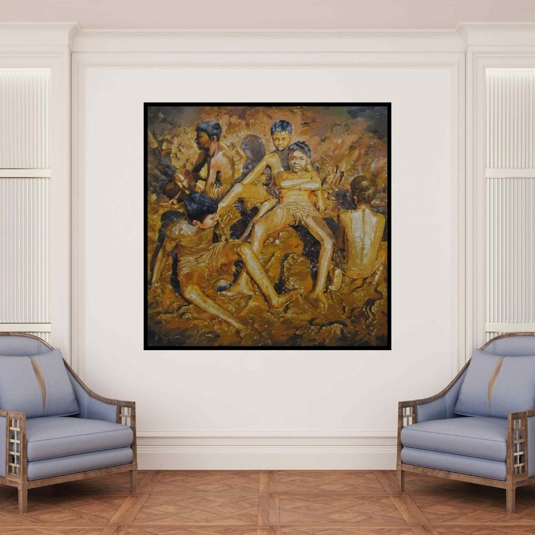 In-situ view of Jitendra Gaikwad's 'Celebration Born To Live 2 (Muddy Adventures)' painting in a room