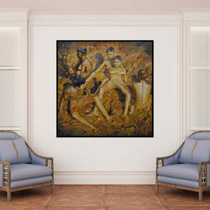 In-situ view of Jitendra Gaikwad's 'Celebration Born To Live 2 (Muddy Adventures)' painting in a room