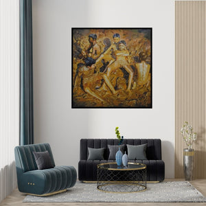 Preview of 'Celebration Born To Live 2 (Muddy Adventures)' Painting by Jitendra Gaikwad shown on a wall in a furnished room.