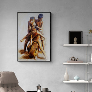 Preview of 'Celebration Born To Live 3 (Tire Games)' Painting by Jitendra Gaikwad shown on a wall in a furnished room.