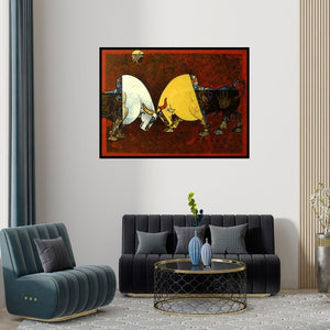 Preview of 'Celebration Xiv' Painting by Dinkar Jadhav shown on a wall in a furnished room.