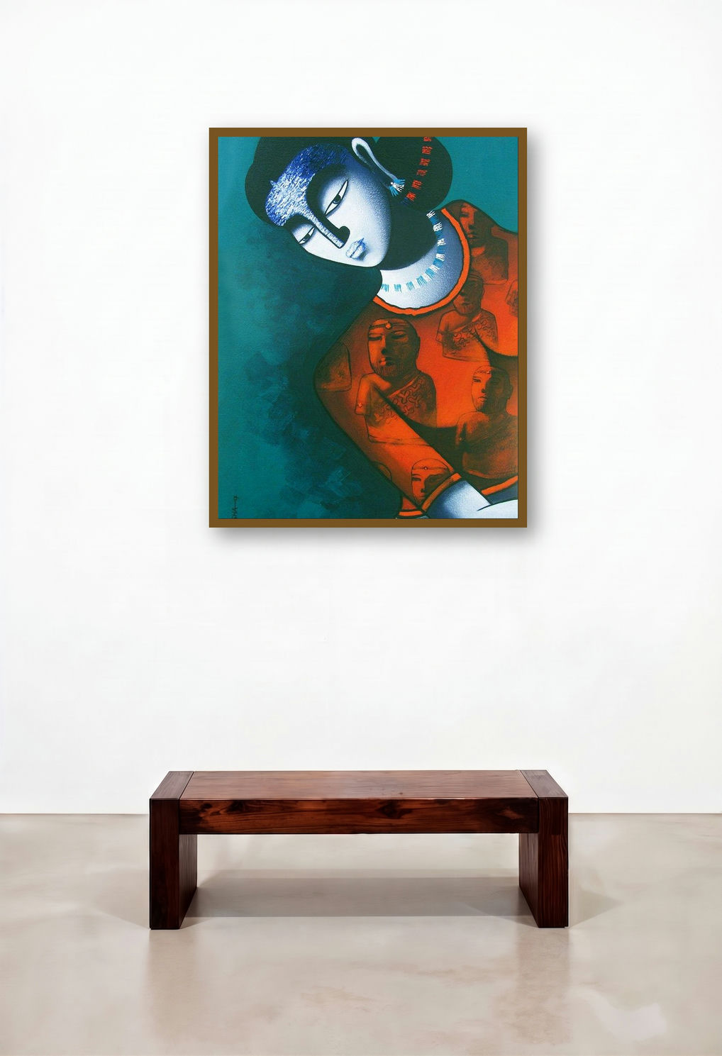 Celestial Beauty In Memory Of Harappa 2 (Harappan Echoes: A Portrait of Ancient Whispers) by artist Pratiksha Bothe displayed in a Coastal Lounge