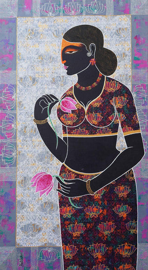 Figurative acrylic painting titled 'Celestial Beauty Sursundari', 36x20 inches, by artist Pratiksha Bothe on Canvas