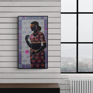 Preview of 'Celestial Beauty Sursundari (Lotus Beauty)' Painting by Pratiksha Bothe shown on a wall in a furnished room.