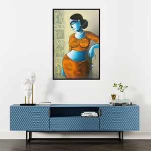 Preview of 'Celestial Beauty In Memory Of Harappa 1 (Harappan Echoes: A Contemplative Gaze)' Painting by Pratiksha Bothe shown on a wall in a furnished room.