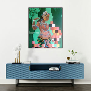 Narayanankutty Kasthuril's 'Celestial' painting visualized above a sofa in a contemporary room.