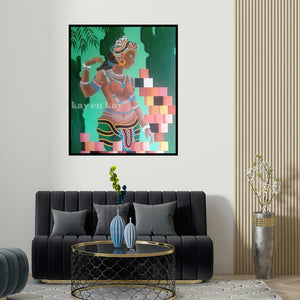 'Celestial' painting by Narayanankutty Kasthuril shown on a wall in a furnished room.