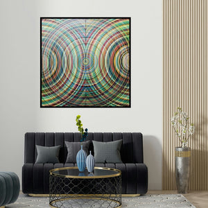 Ghanshyam Gupta's 'Centripetal And Centrifugal Permutations (Celestial Tapestry**)' painting visualized above a sofa in a contemporary room.