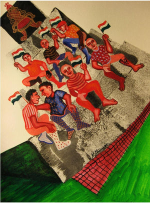 Chair Day (March to Freedom) by Mithun Dasgupta, Original Acrylic Fantasy Painting on Acid Free Paper, X-Small Vertical Wall Art