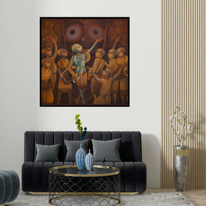 Sumon Naskar's 'Chaitanya (Divine Dance The Pastime of Jagannath)' painting visualized above a sofa in a contemporary room.