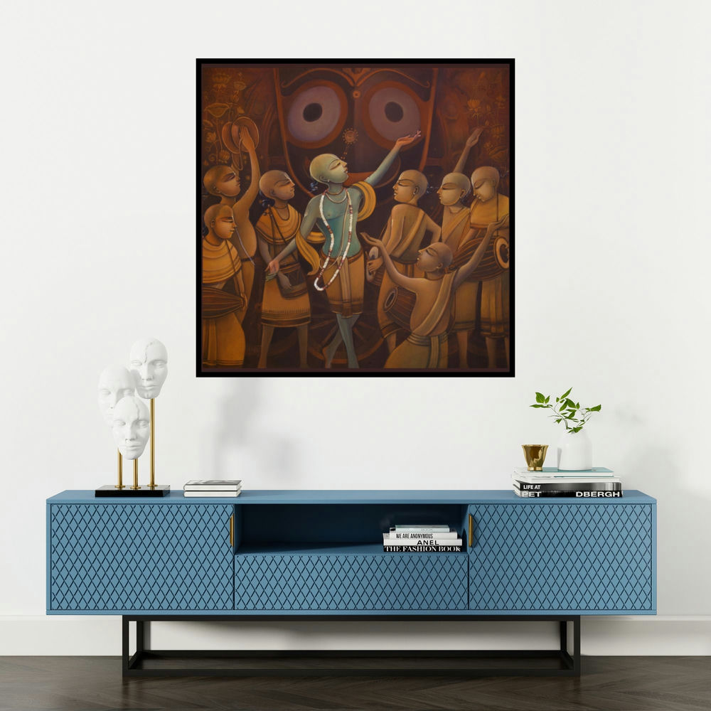 'Chaitanya (Divine Dance The Pastime of Jagannath)' painting by Sumon Naskar shown on a wall in a furnished room.