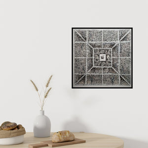 In-situ view of Kusum Lata Sharma's 'Chakkarview (Geometric Urban Tapestry)' painting in a room