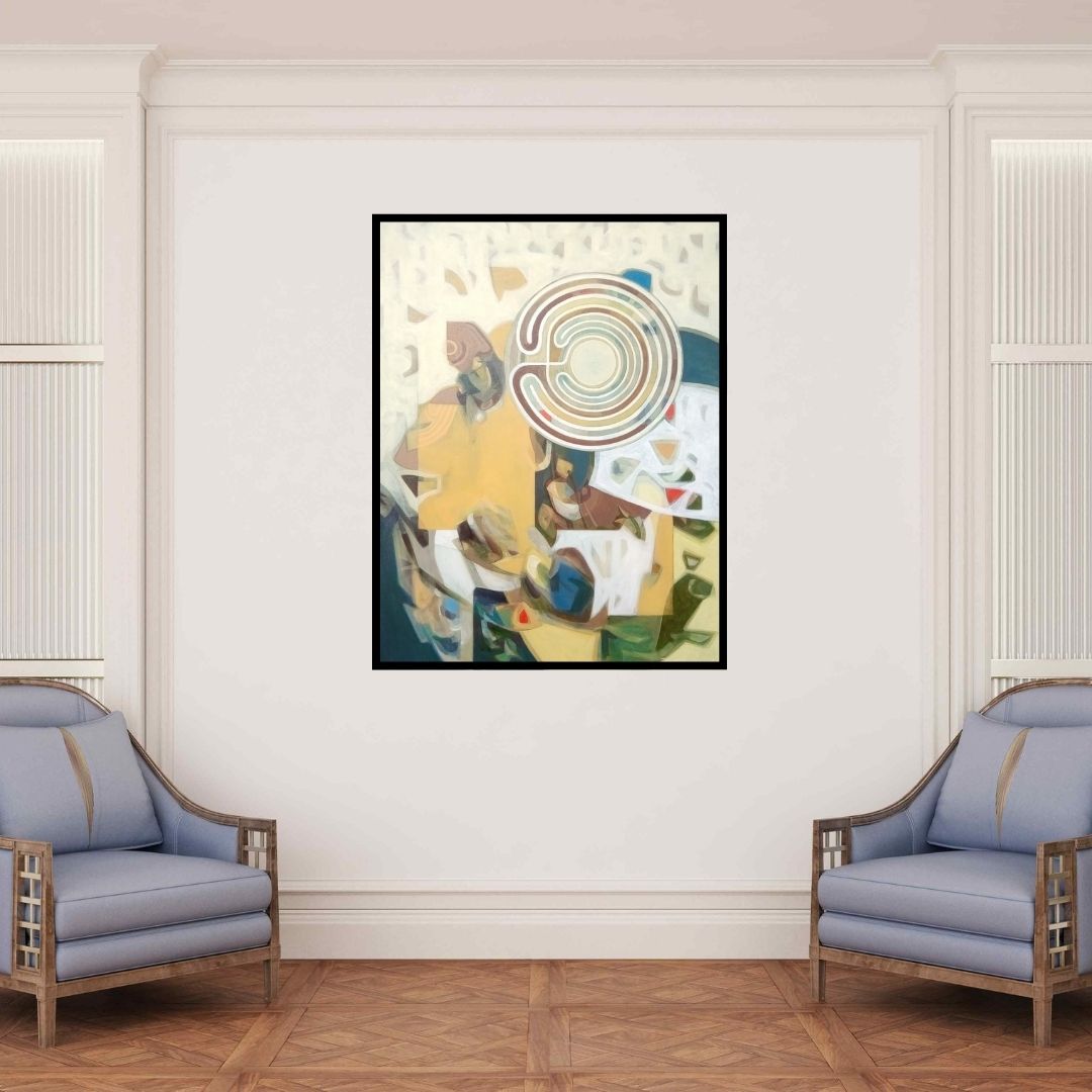 In-situ view of Mohan Vishwakarma's 'Chakravyuh (Labyrinth of Thought)' painting in a room