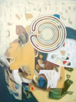 Abstract acrylic painting titled 'Chakravyuh', 48x36 inches, by artist Mohan Vishwakarma on Canvas