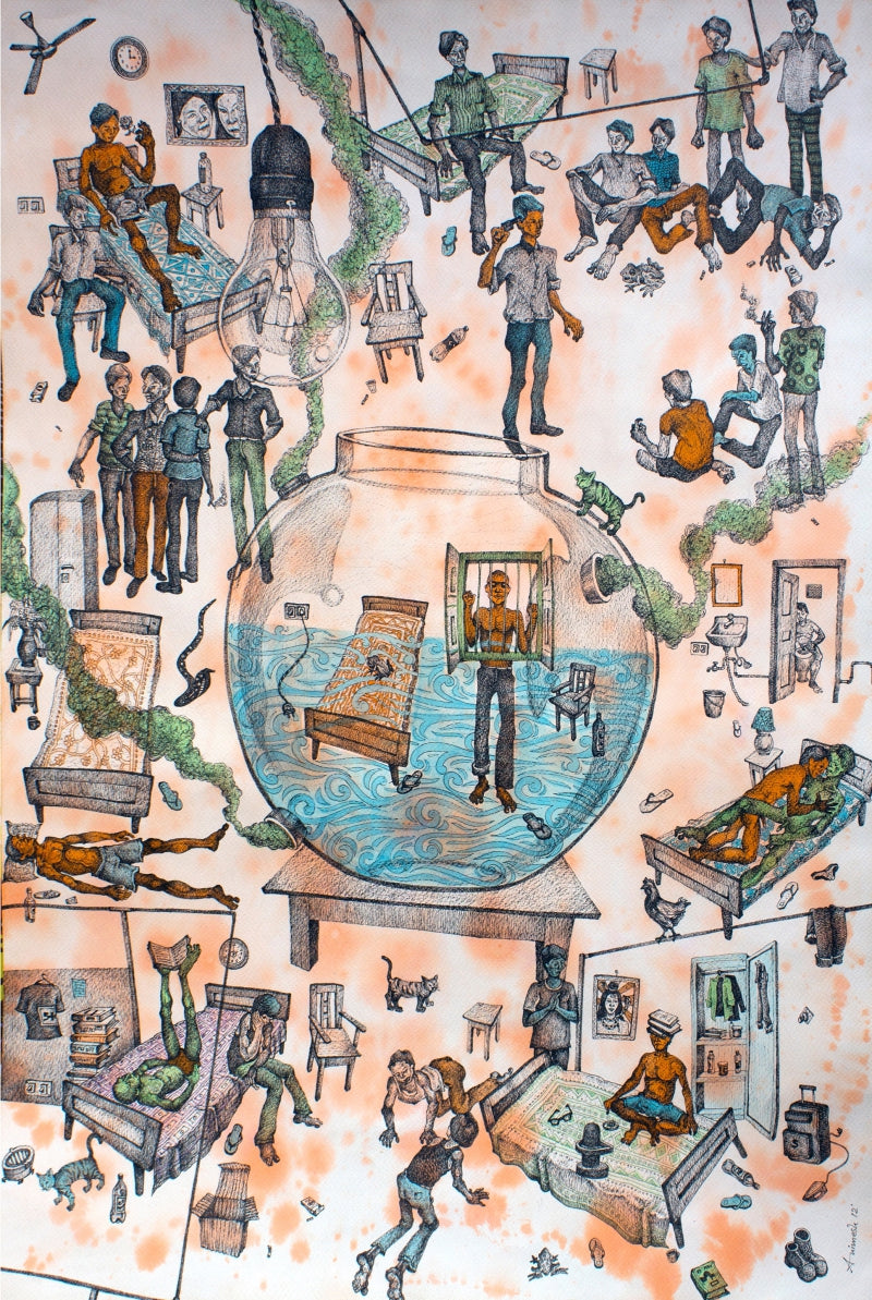 Chakravyuh' contemporary mixed-media painting by artist Animesh Mahata, 30x20 inch, on canson paper