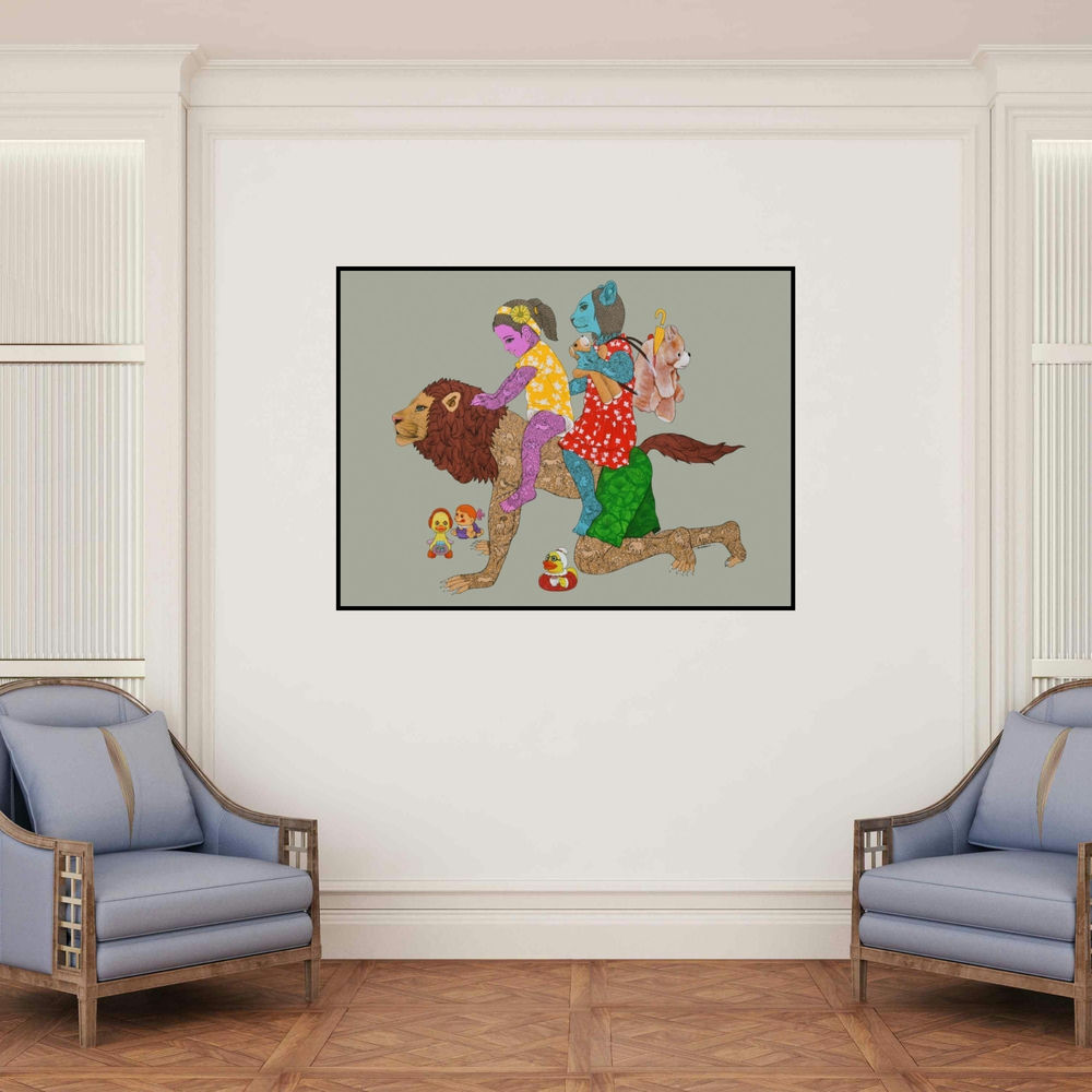 'Chal Mere Ghode Tik Tik Tik' painting by Bandana Kumari shown on a wall in a furnished room.