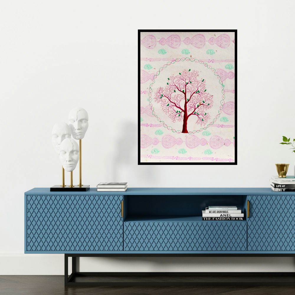 'Chamnavrit (Arboreal Abundance)' painting by Sumit Mehndiratta shown on a wall in a furnished room.