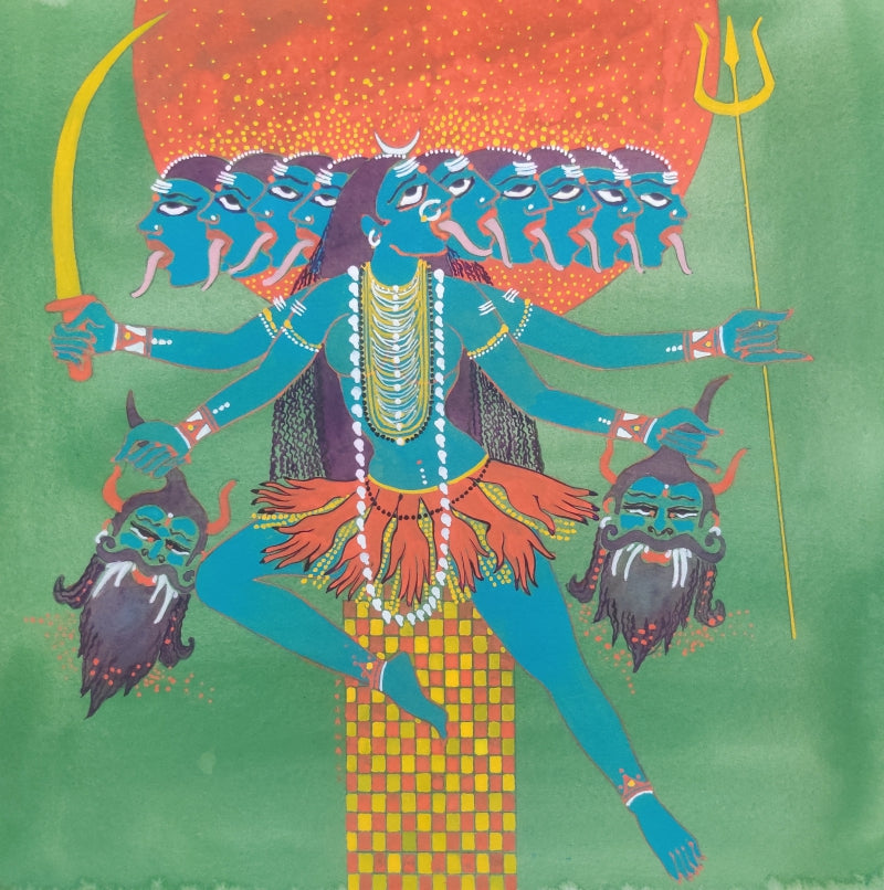 'Chamunda' religious mixed-media painting by artist Yojana Dehankar, 12x12 inch, on paper