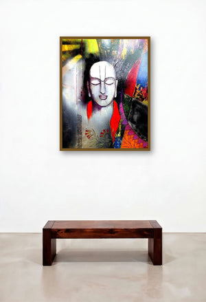 Chanakya (Divine Grace) by artist Meenakshi Jha Banerjee displayed in a Japandi Library