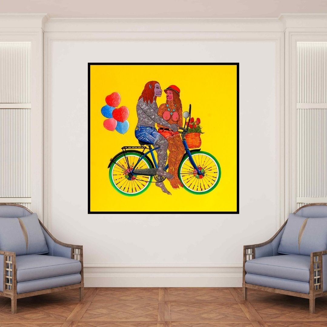 In-situ view of Bandana Kumari's 'Chand Ke Paar Chalo (A Monkey's Love Story)' painting in a room