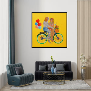 Bandana Kumari's 'Chand Ke Par Chalo (A Whimsical Ride)' Painting visualized above a sofa in a contemporary room