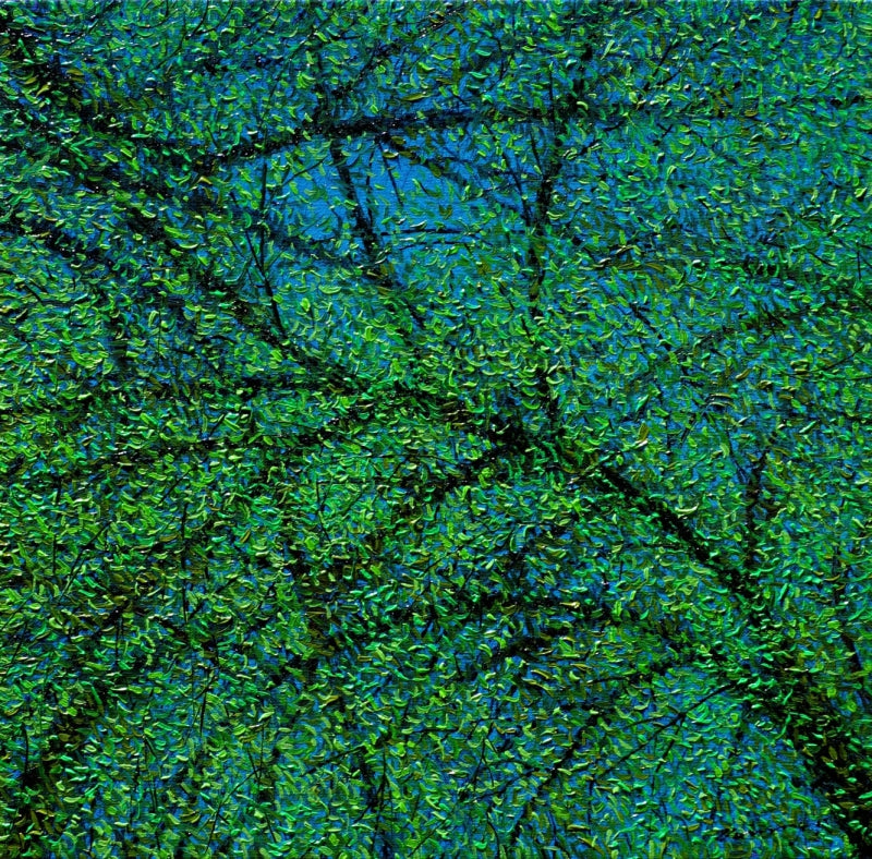 'Chandigarh Summers Young Leaves' nature oil painting by artist Pardeep Singh, 20x20 inch, on canvas