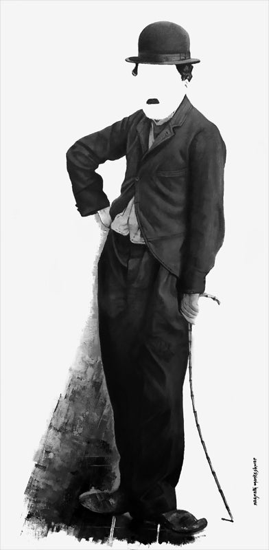 Chaplin' figurative acrylic painting by artist Nagnath Mankeshwar, 48x24 inch, on canvas